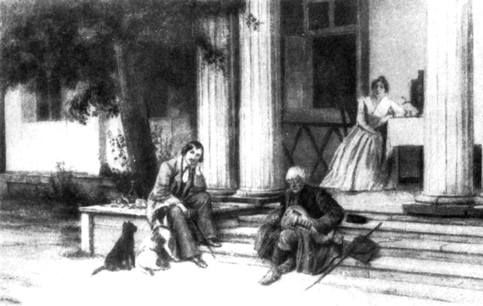 Дом в Яновщине. Гоголь и его сестра Е. В. Быкова слушают бандуриста. Картина художника В. А. Волкова